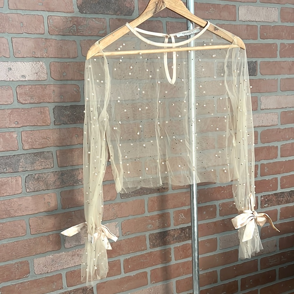 Forever 21 Contemporary sheer net blouse with Pearl and gem detail